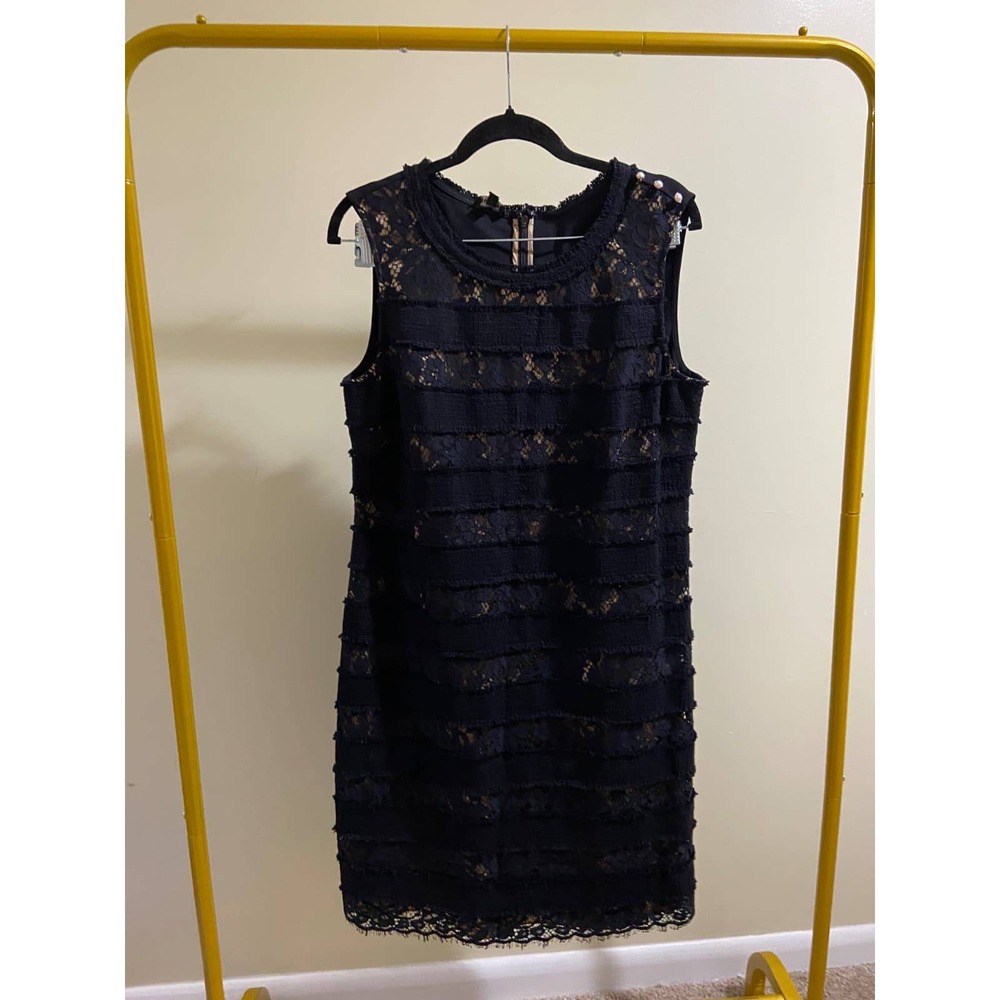 Talbots Black Lace Fringe Shift Dress Sleeveless Pearl Button Accent Size 10